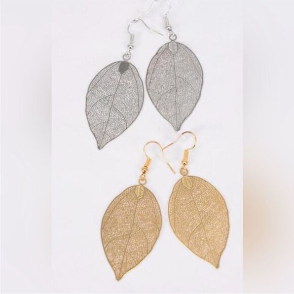 Gold and Silver Long Earrings Stainless Steel High Quality Laser Cut Leafs 🆕 - Picture 1 of 3